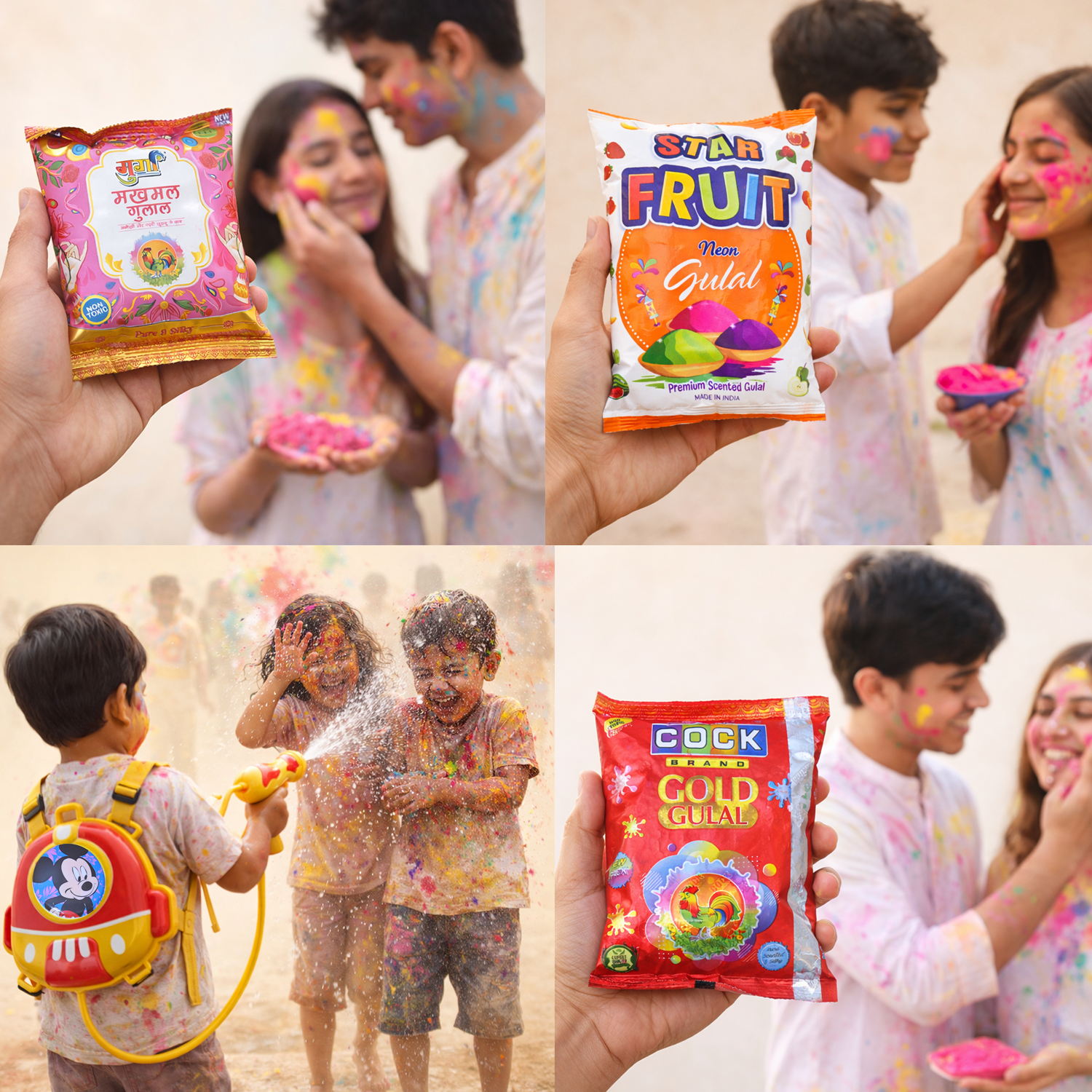 Holi Combo Pack with Mickey Mouse Backpack Water Gun & Natural Gulal – Herbal & Non-Toxic Colors