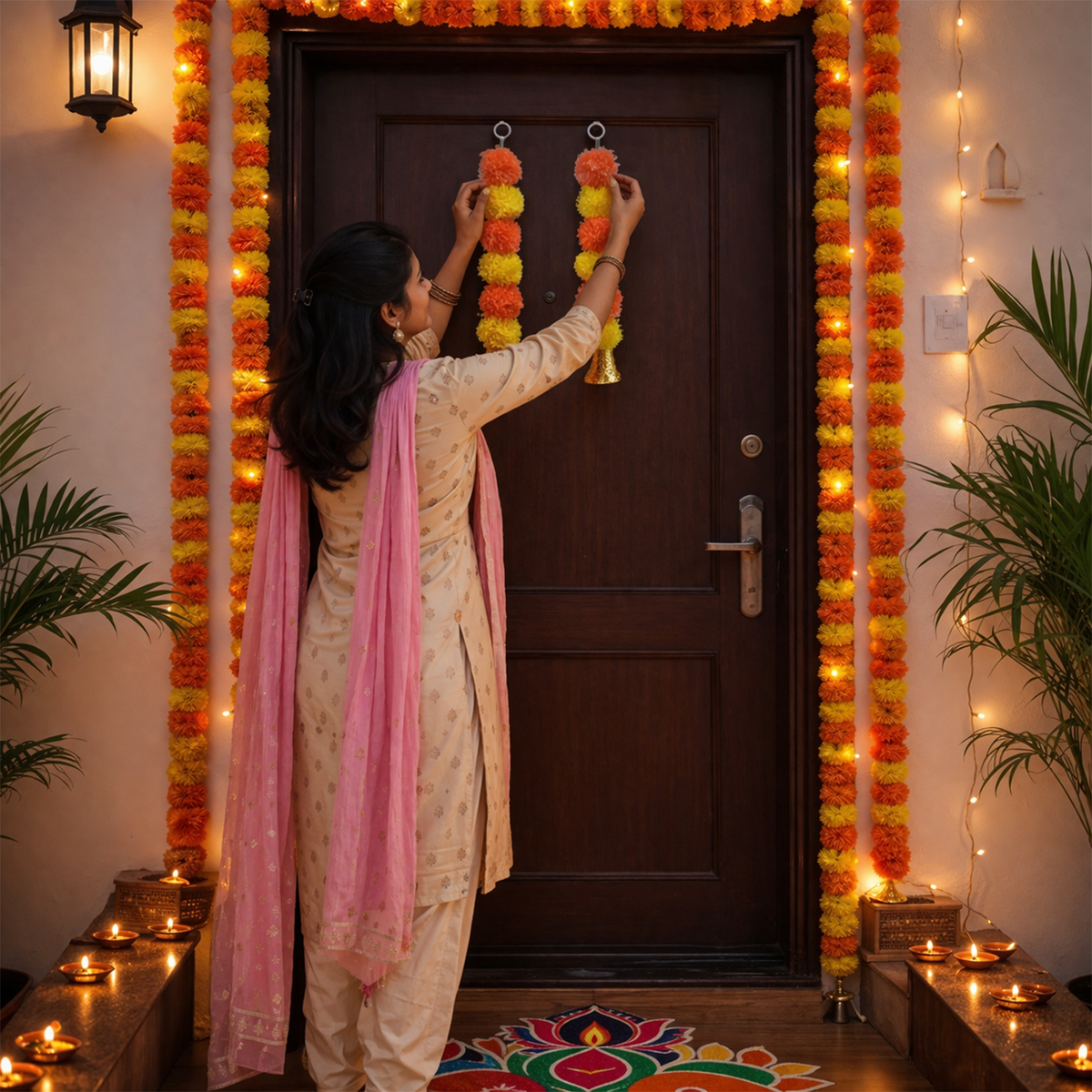 Artificial Marigold Flower Garland with Golden Bell, Orange & Yellow, Mandir, Door, Balcony & Window Decor, Set of 2