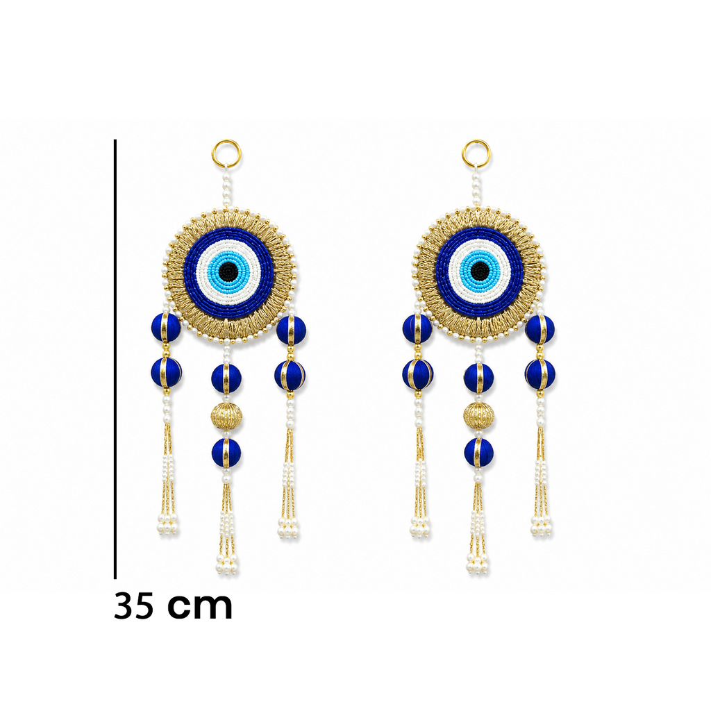 DiaCraft Ethnic Evil Eye Door Hanging – 35 cm Traditional Protective Signage for Entrance, Living Room & Festive Home Decor, Beads & Pearl Tassels, Washable & Long Lasting (Set of 2, Blue)