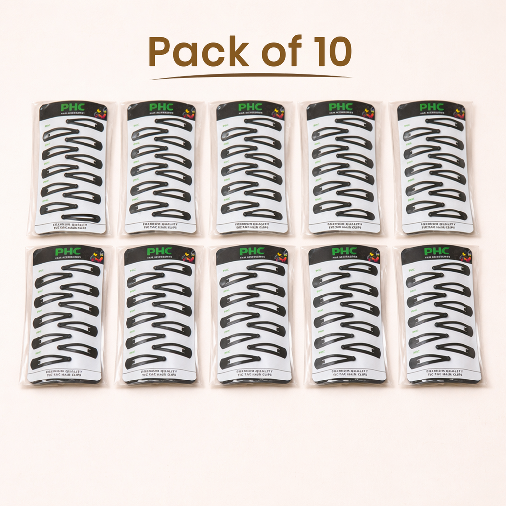PHC Premium Black Tic Tac Hair Clips for Women and Girls – Non-Slip Metal Snap Hair Barrettes for Daily Home, School, Office, and Salon Use, Pack of 10 Cards