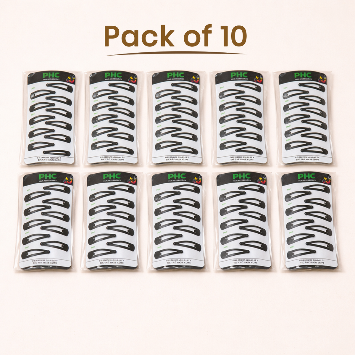 PHC Premium Black Tic Tac Hair Clips for Women and Girls – Non-Slip Metal Snap Hair Barrettes for Daily Home, School, Office, and Salon Use, Pack of 10 Cards