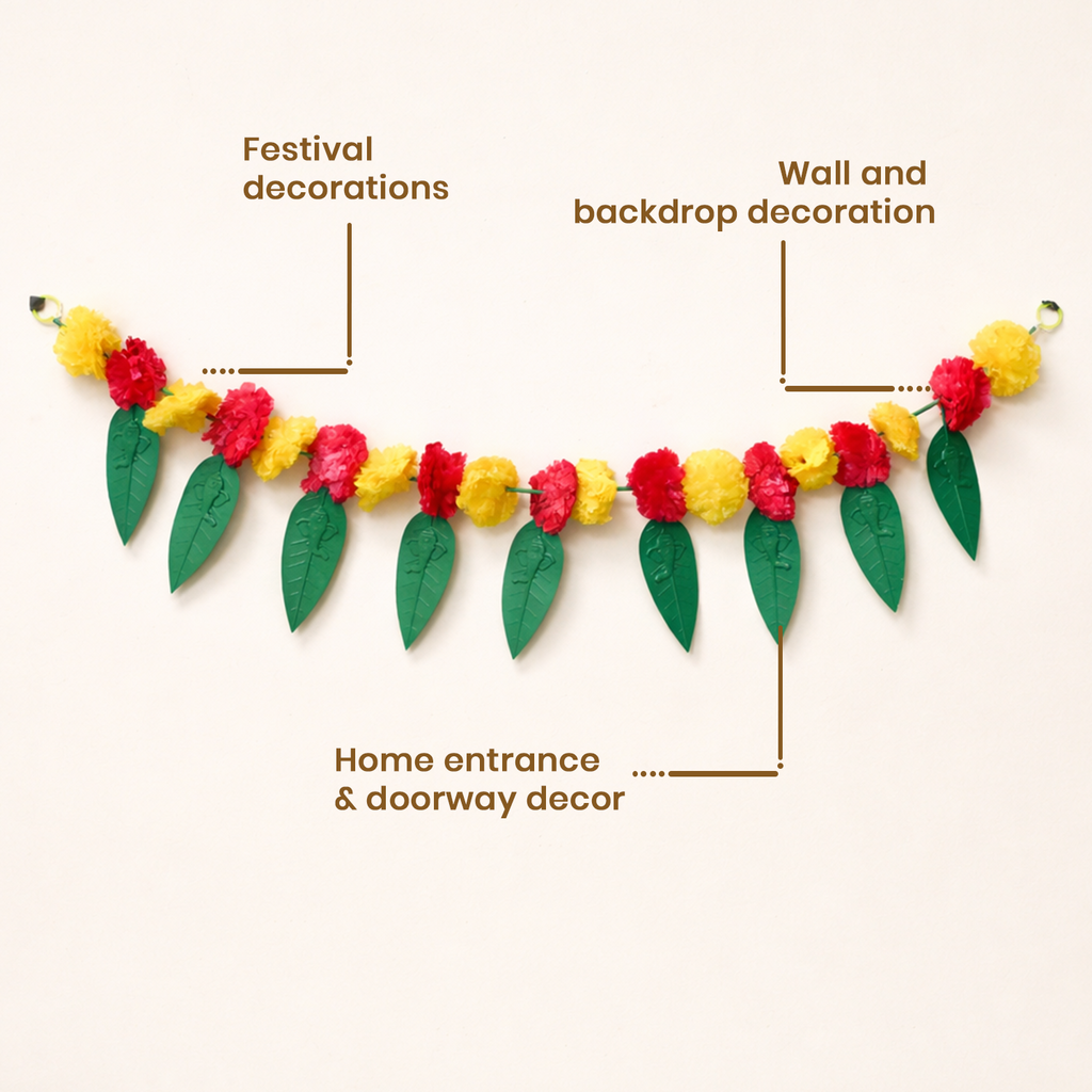 Artificial Marigold and Leaf Toran for Door Decoration - 90 cm Festive Garland Hanging for Home Entrance, Diwali, Wedding, and Wall Backdrop Decor (Pack of 1, Red & Yellow)