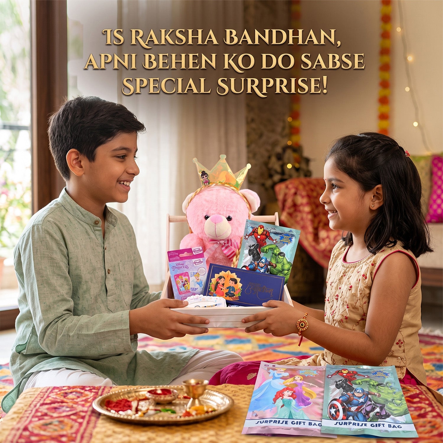 Raksha Bandhan Gift Hamper for Sister with Crown Teddy Bear & Surprise Toys