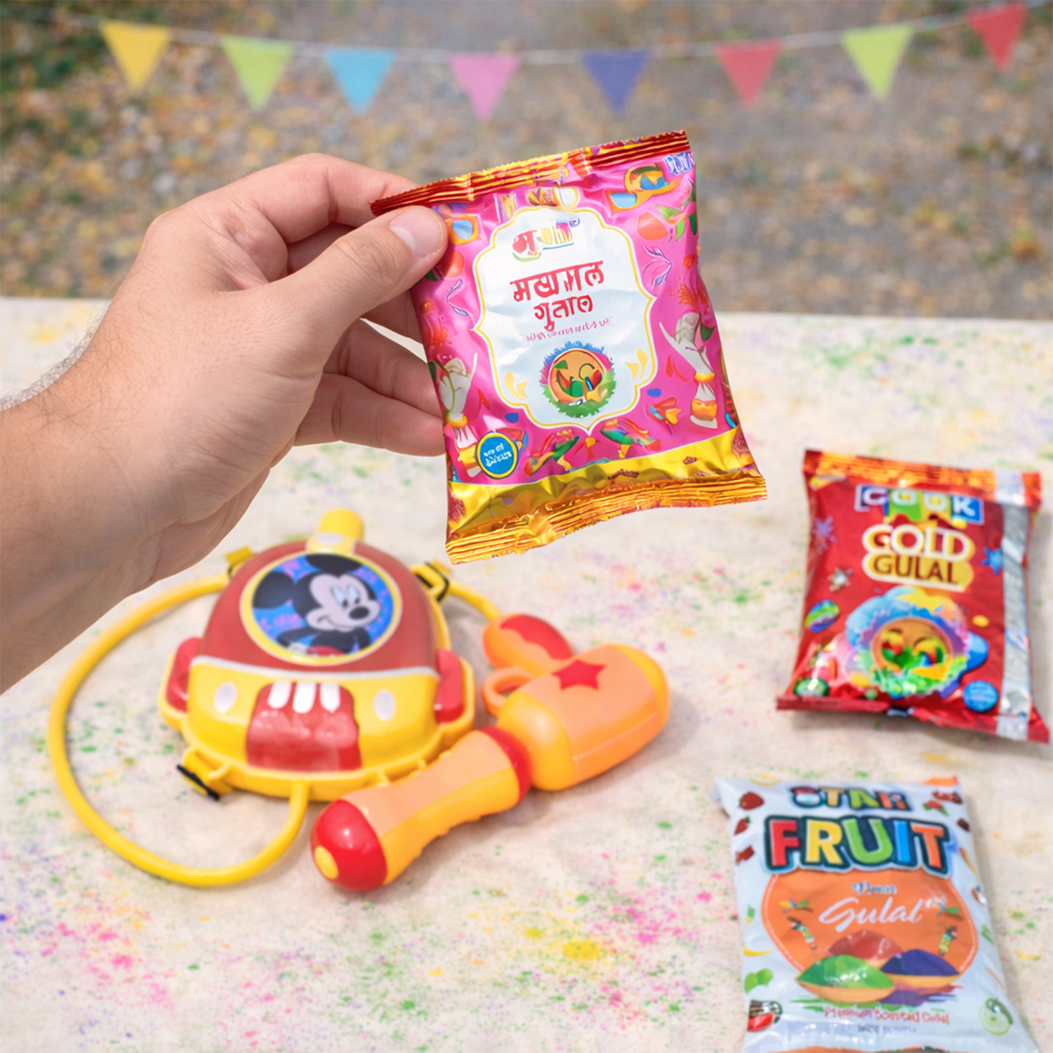 Holi Combo Pack with Mickey Mouse Backpack Water Gun & Natural Gulal – Herbal & Non-Toxic Colors
