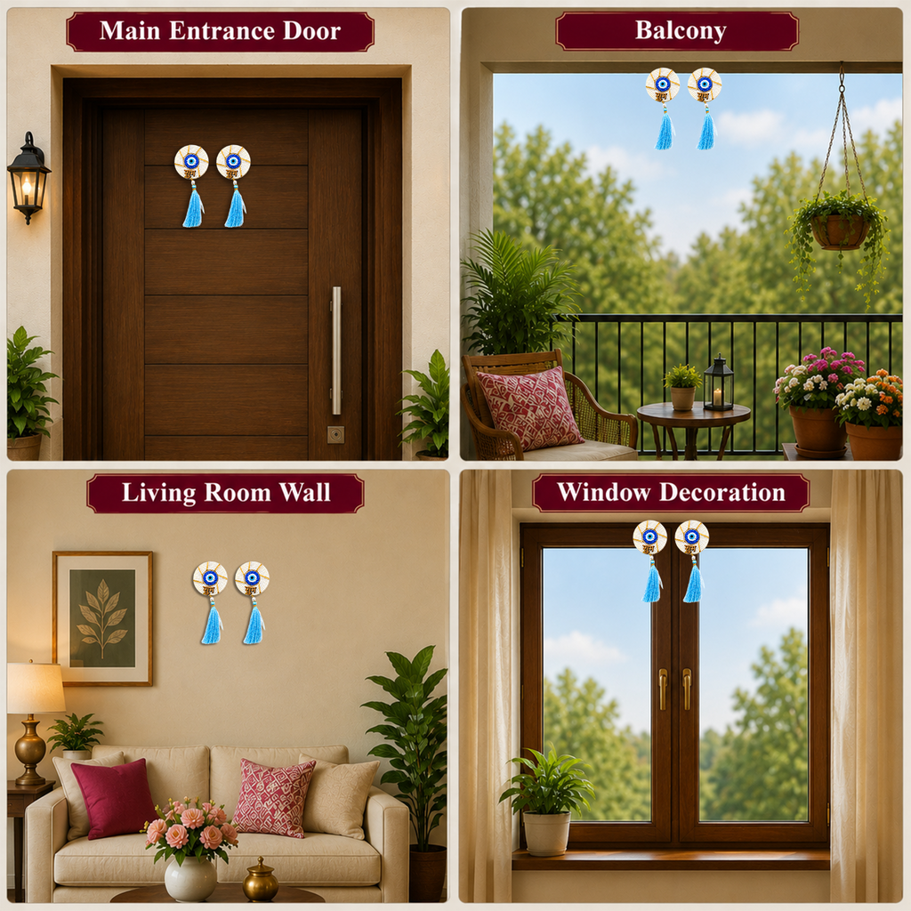 Decorative Evil Eye Shubh Labh Door Hanging – 16 cm Traditional Wall Decor with Tassels, Protection, Diwali, Housewarming & Festive Home Ornament (Set of 2)
