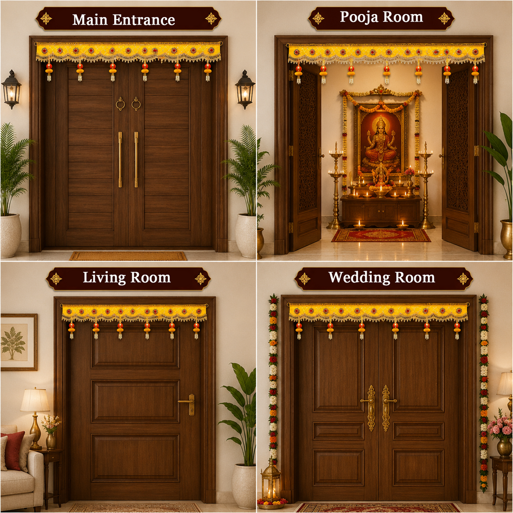 Handmade Decorative Yellow Door Toran - 105 cm Traditional Bandhanwar with Red Stones, Crystal Work & Pearl Tassels for Home, Pooja Room & Festive Decor