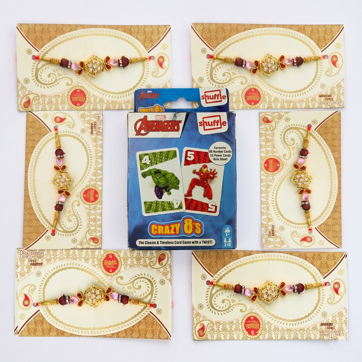 Kids Rakhi Special: 6 Designer Rakhi Threads with Crazy 8's Card Game