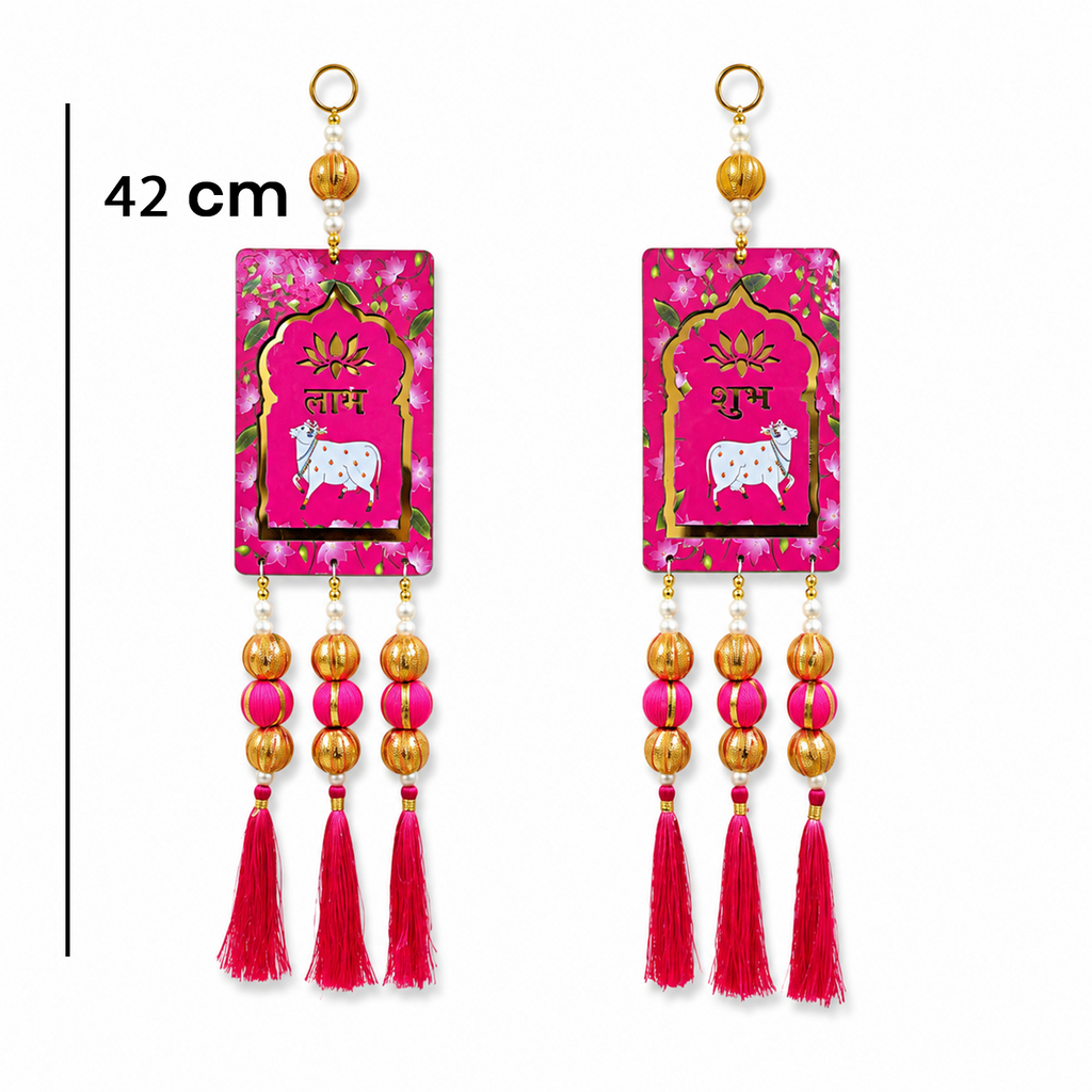 Ethnic Cow Door Hanging – 42 cm Reusable Traditional Signage for Entrance, Living Room & Festive Home Decor, Washable & Long Lasting (Set of 2, Pink)