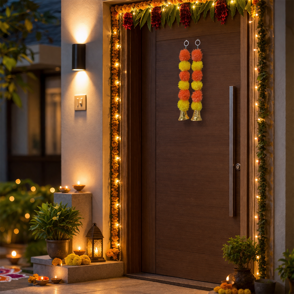 Artificial Marigold Flower Garland with Golden Bell, Orange & Yellow, Mandir, Door, Balcony & Window Decor, Set of 2