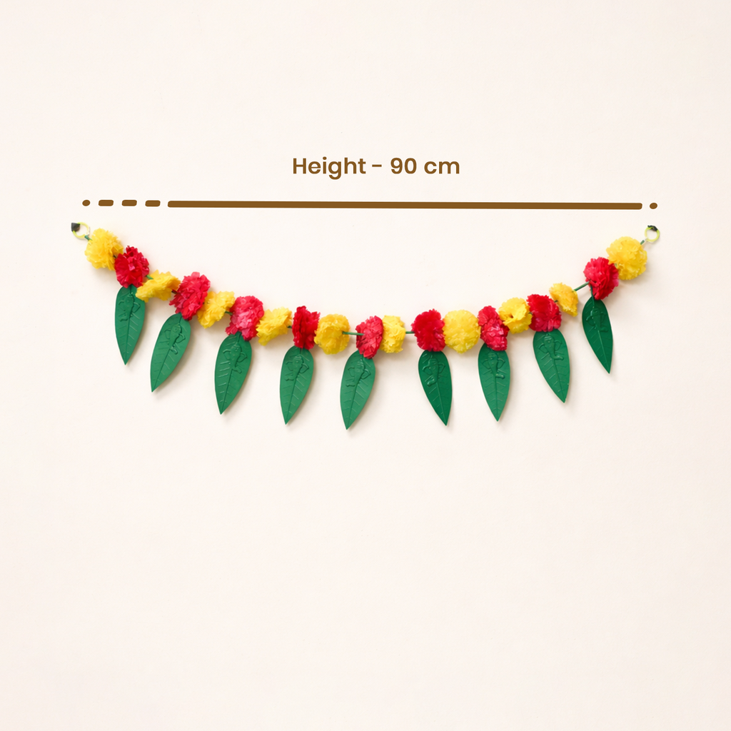 Artificial Marigold and Leaf Toran for Door Decoration - 90 cm Festive Garland Hanging for Home Entrance, Diwali, Wedding, and Wall Backdrop Decor (Pack of 1, Red & Yellow)