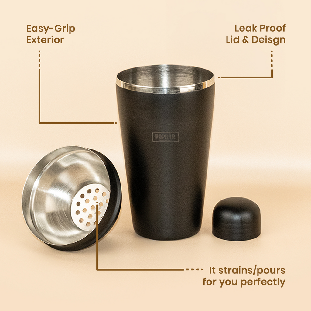 POPBAR Matte Black Stainless Steel Cocktail Shaker – Professional Leak-Proof Cobbler Shaker with Built-in Strainer & Easy-Grip Exterior 4