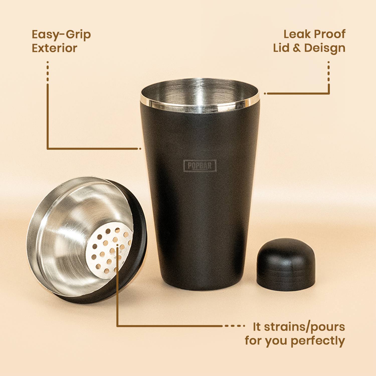 POPBAR Matte Black Stainless Steel Cocktail Shaker – Professional Leak-Proof Cobbler Shaker with Built-in Strainer & Easy-Grip Exterior 4