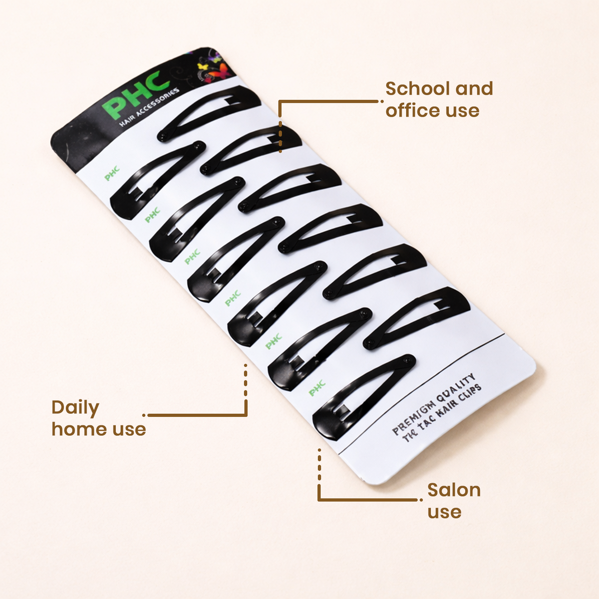 PHC Premium Black Tic Tac Hair Clips for Women and Girls – Non-Slip Metal Snap Hair Barrettes for Daily Home, School, Office, and Salon Use, Pack of 10 Cards