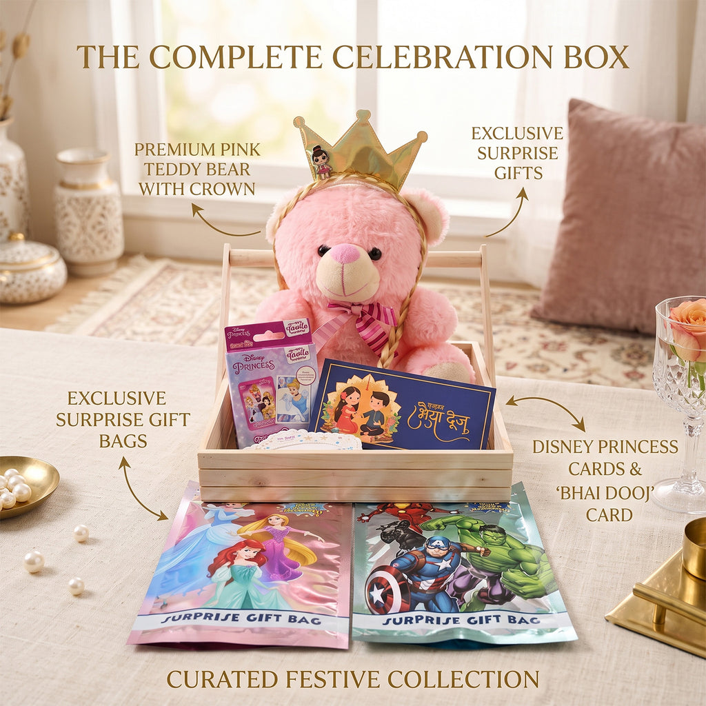 Raksha Bandhan Gift Hamper for Sister with Crown Teddy Bear & Surprise Toys
