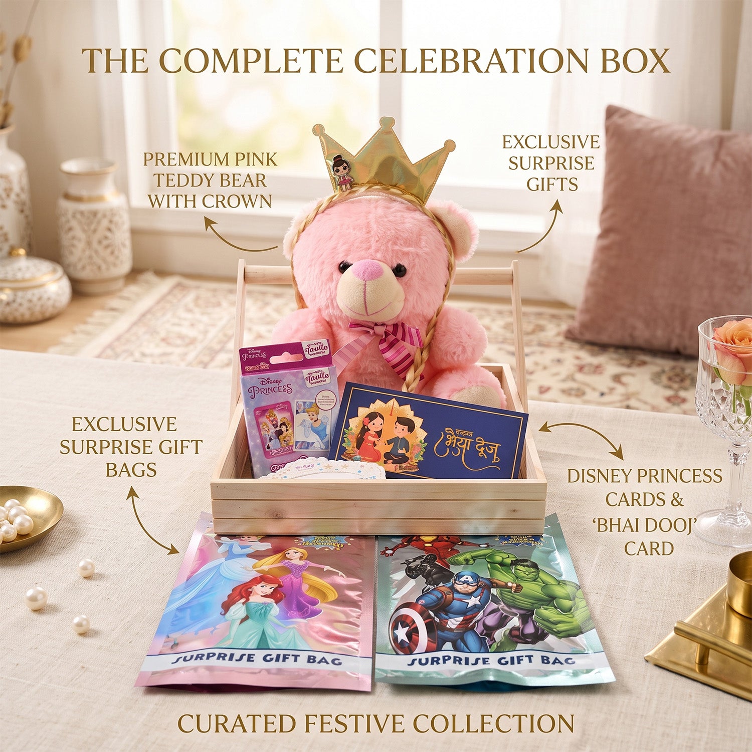 Raksha Bandhan Gift Hamper for Sister with Crown Teddy Bear & Surprise Toys