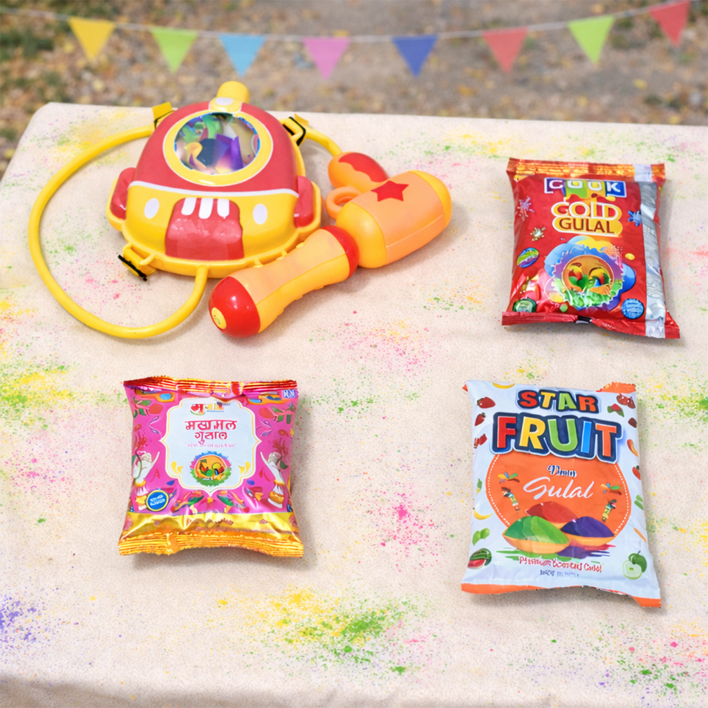 Holi Combo Pack with Mickey Mouse Backpack Water Gun & Natural Gulal – Herbal & Non-Toxic Colors