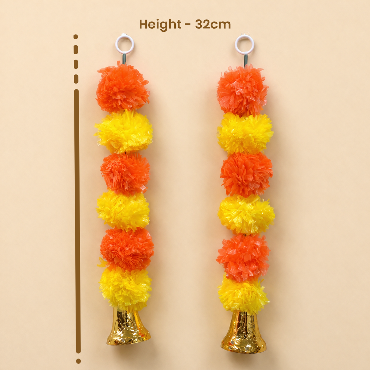 Artificial Marigold Flower Garland with Golden Bell, Orange & Yellow, Mandir, Door, Balcony & Window Decor, Set of 2