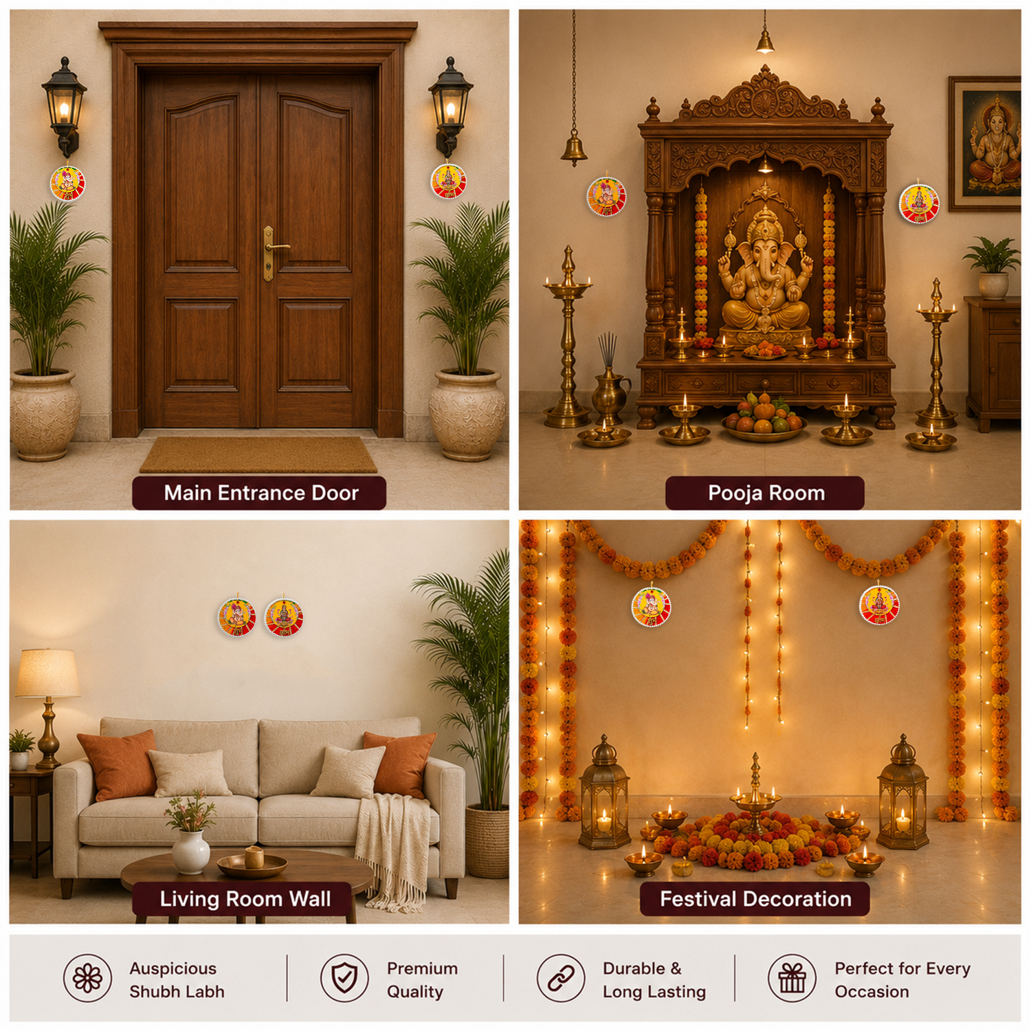 Ethnic Ganesha Lakshmi Door Hanging – 13 cm Reusable Traditional Signage for Entrance, Housewarming & Festive Home Decor, (Set of 2, Multicolour)