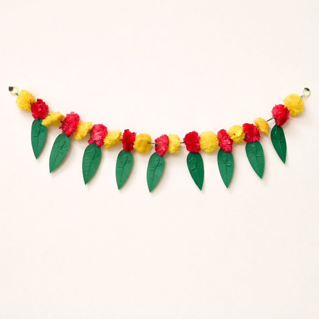 Artificial Marigold and Leaf Toran for Door Decoration - 90 cm Festive Garland Hanging for Home Entrance, Diwali, Wedding, and Wall Backdrop Decor (Pack of 1, Red & Yellow)