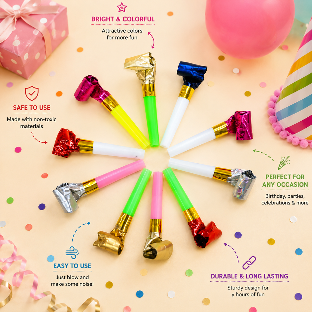 Colorful Party Blowers for Kids & Adults - Bulk Pack of Noisemakers for Birthday Parties, New Year's Eve, Celebrations, and Fun Events - Durable, Safe & Easy to Use (Pack of 10)