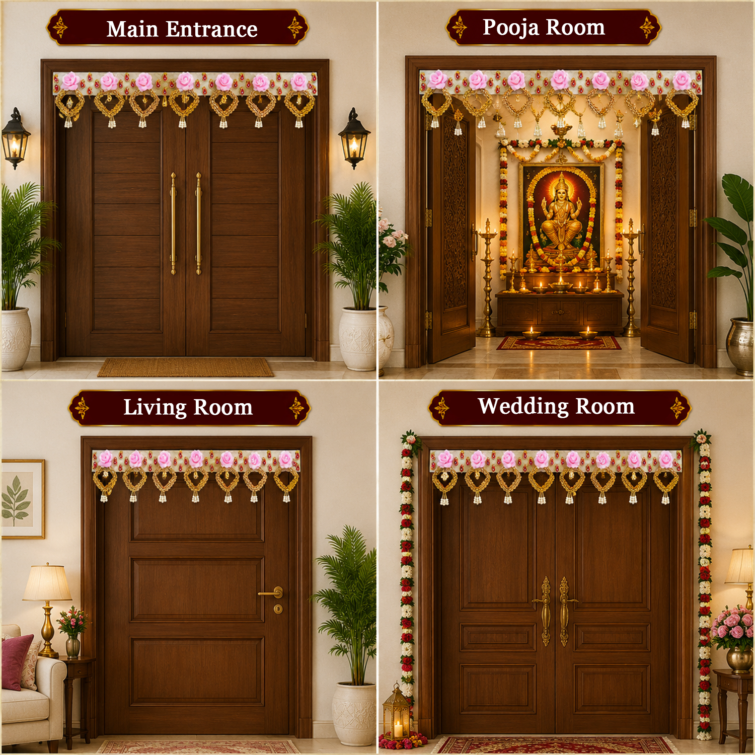 Handmade Decorative Door Toran - 100 cm Traditional Bandhanwar with Pink Floral Accents, Pearl Tassels, and Stone Work for Main Entrance, Pooja Room, and Festive Home Decor