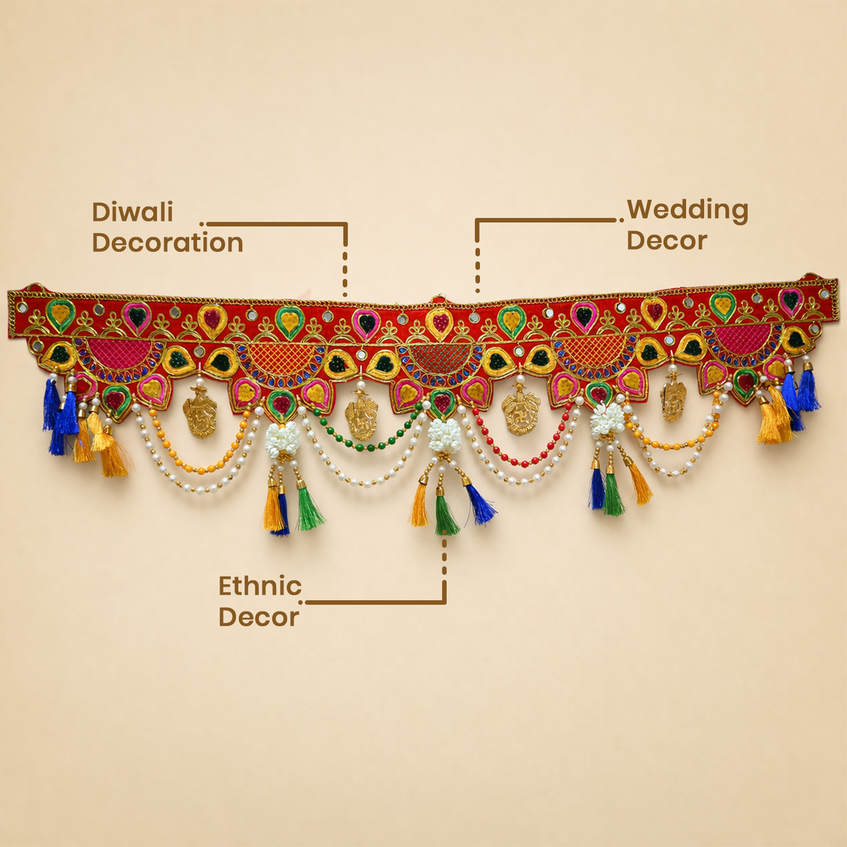Traditional Ethnic Door Toran for Main Entrance - 92 cm Decorative Hanging for Diwali, Wedding, Housewarming, and Festive Home Decor (Red & Multi-Color)