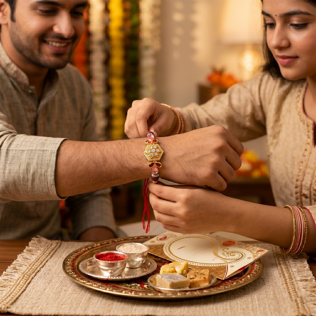 Set of 6 Elegant Rakhi for Brother - Traditional Gold Hexagonal Centerpiece with Kundan-Style Stones & Maroon Beads Bracelet for Raksha Bandhan Festival