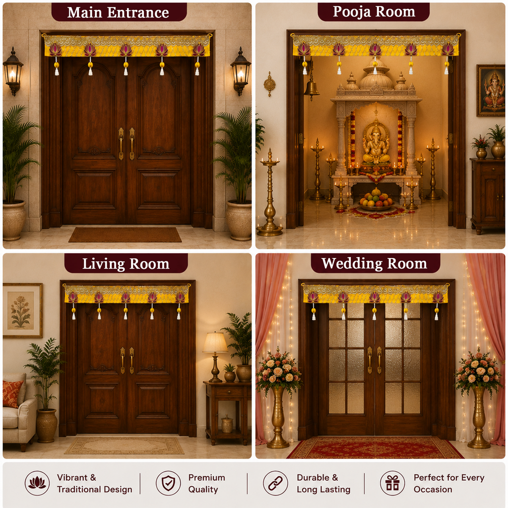 Handmade Decorative Lotus Door Toran - 100 cm Traditional Yellow & Gold Bandhanwar with Pearl Accents for Main Entrance, Pooja Room, and Festive Home Decor