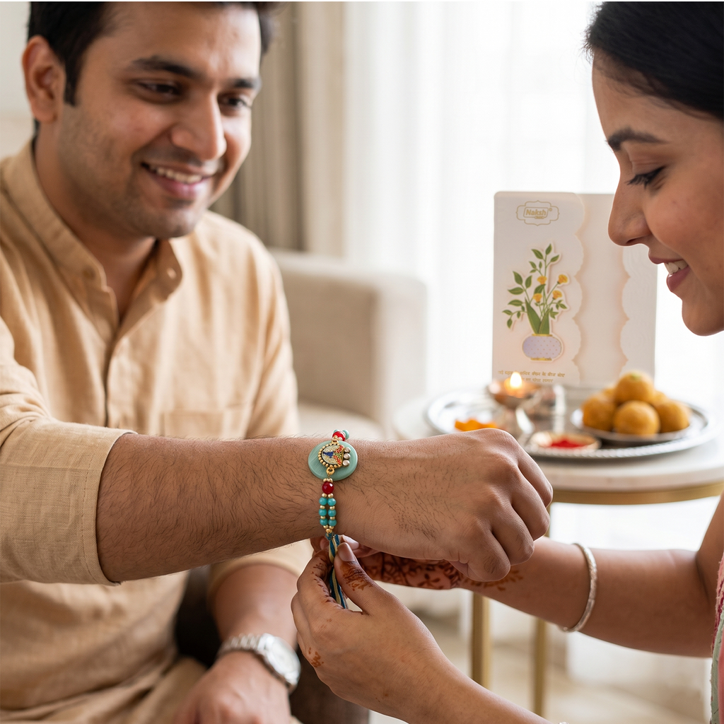 Premium Designer Rakhi for Brother – Handcrafted Ethnic Beaded Raksha Bandhan Bracelet Gift with Ritual Decor