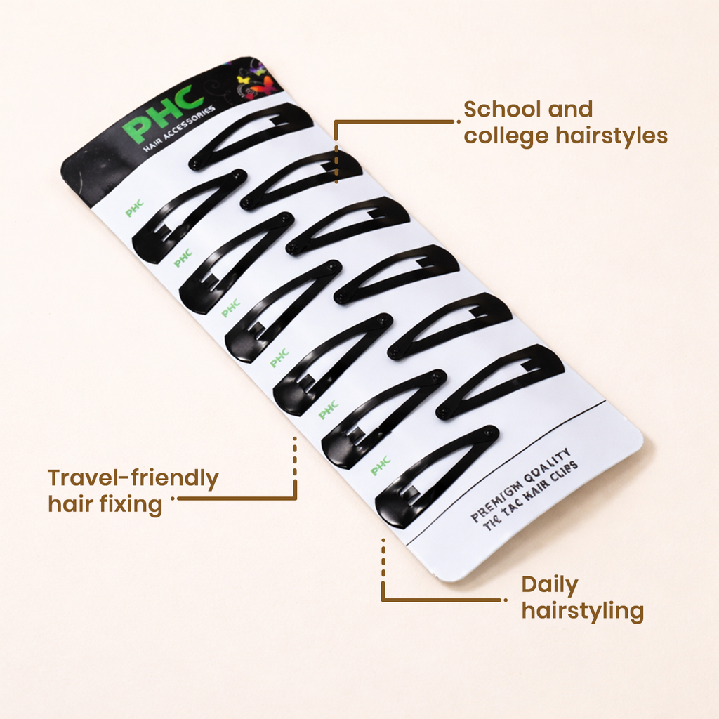 Premium Black Tic Tac Hair Clips for Women and Girls – Non-Slip Metal Snap Hair Barrettes for Daily Home, School, Office, and Salon Use, Pack of 10 Cards