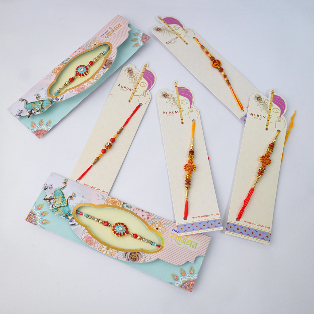 Rakhi Combo Pack, Multicolour, Beaded with Floral and OM Design, Family Celebration Set, Gift for Brothers