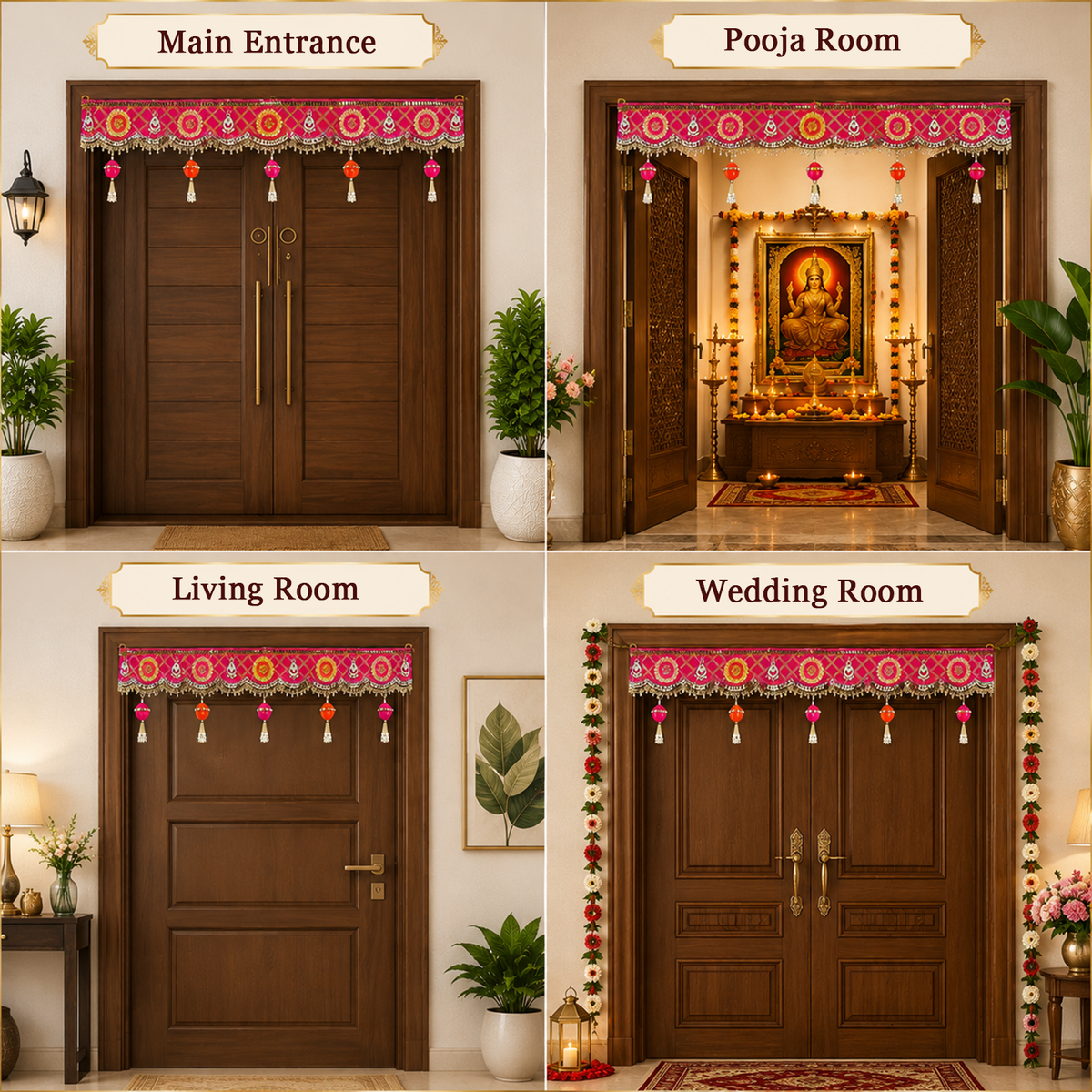 Handmade Decorative Door Toran - 100 cm Traditional Pink & Gold Bandhanwar with Mirror Work, Floral Accents, and Pearl Tassels for Main Entrance, Pooja Room, and Festive Home Decor