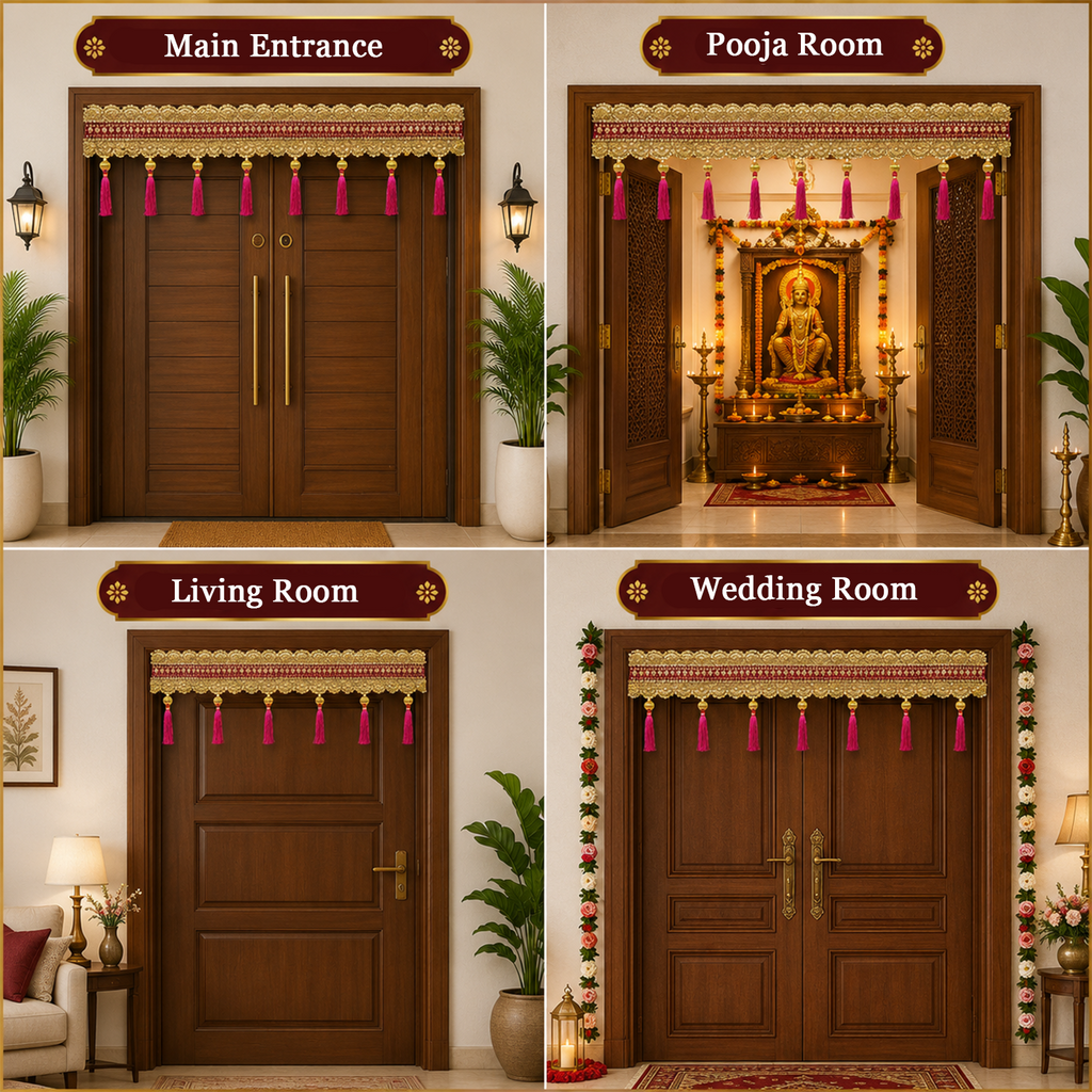 Handmade Decorative Toran for Home Entrance – 100 cm Embroidered Door Hanging with Tassels, Ethnic Traditional Wall Decor for Festivals, Weddings, and Pooja Room (Maroon & Gold)