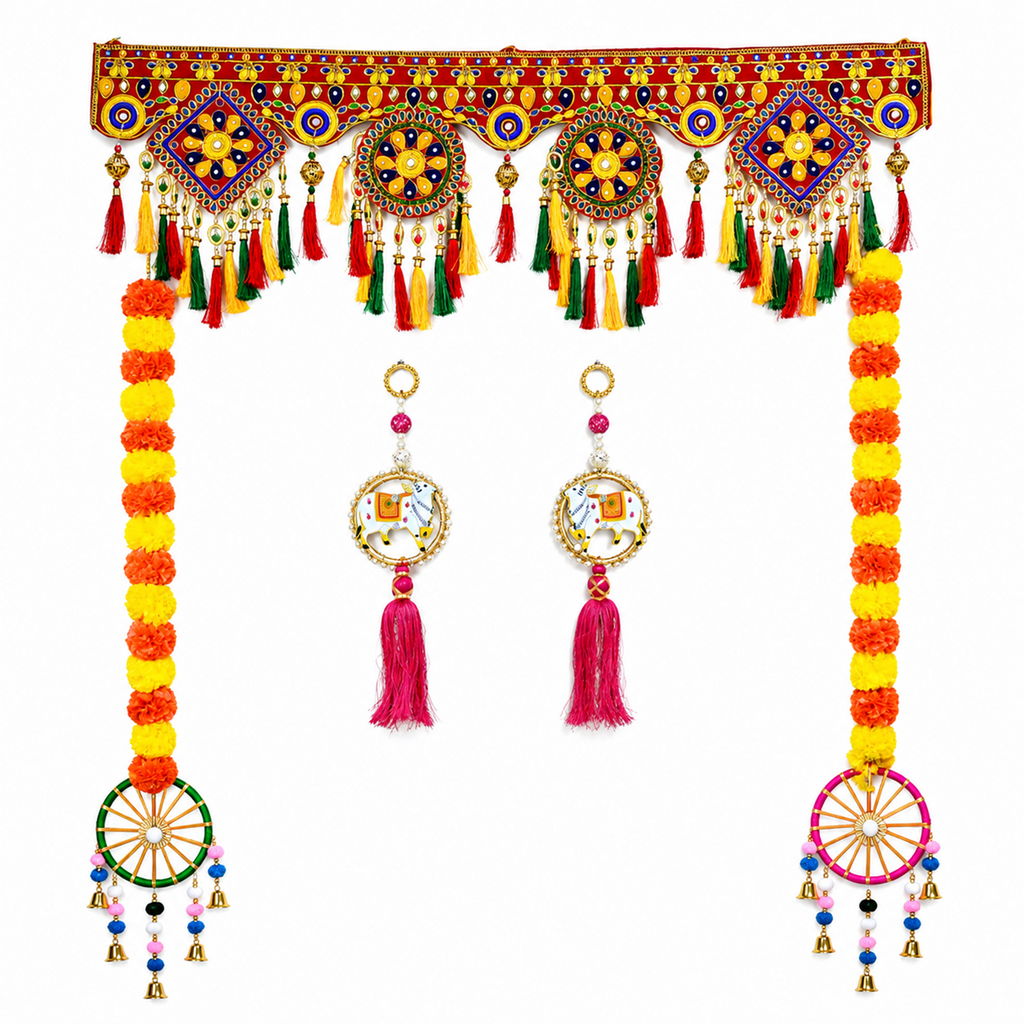 Traditional Ethnic Door Toran with Decorative Cow Hangings & Marigold Strings – Handmade Festive Home Decor for Diwali, Wedding, and Mandir Entrance