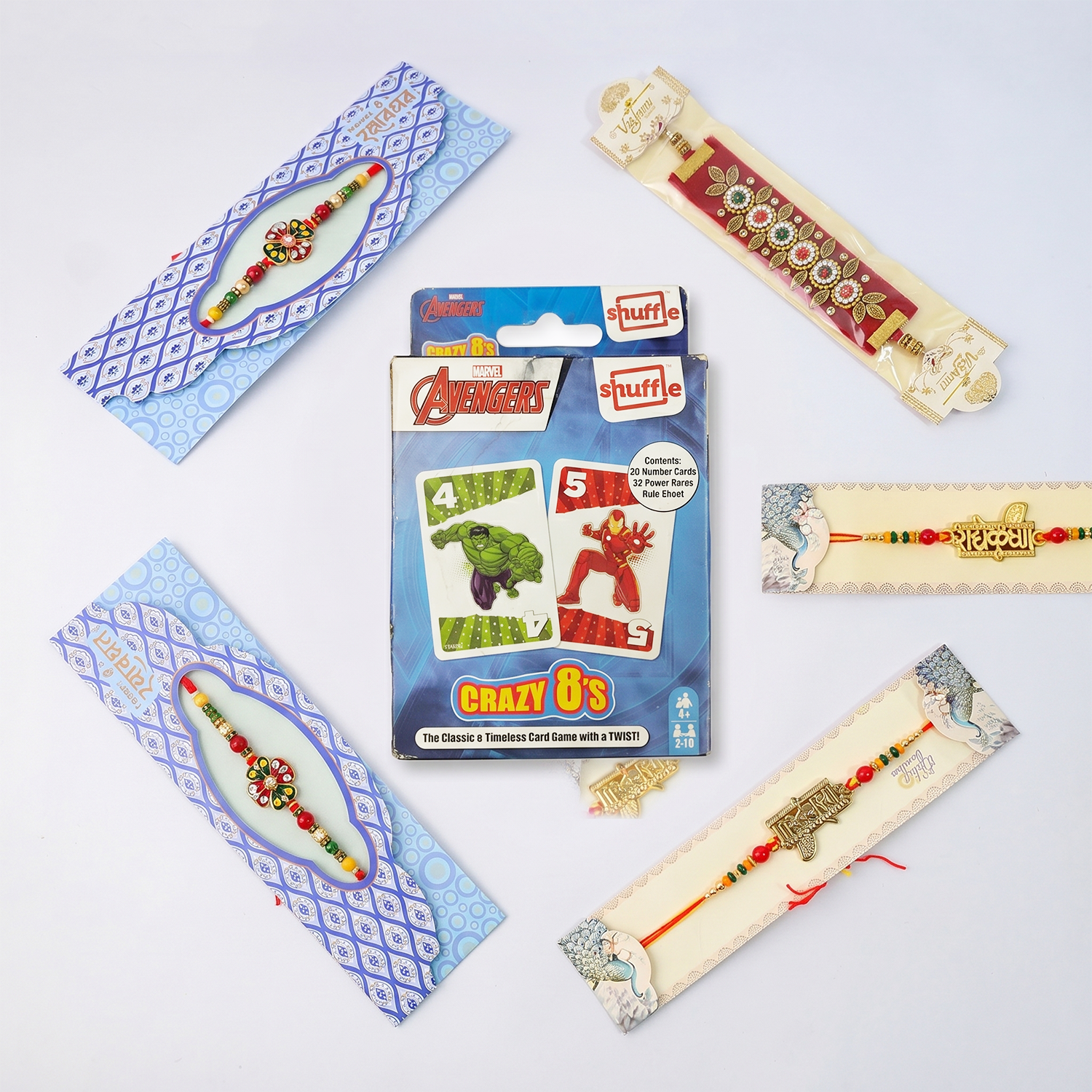 Kids Rakhi Special: 6 Ethnic Rakhi Threads with Avengers Crazy 8's Card Game Combo