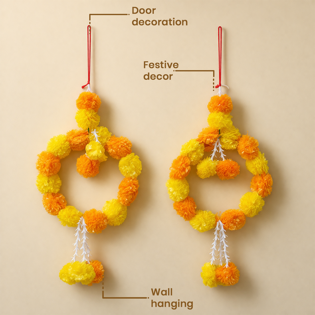 Artificial Marigold Flower Hanging Door Toran for Diwali, Wedding & Home Decor (Set of 2, 48 cm)