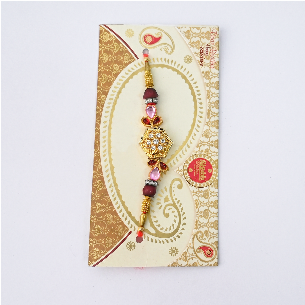 Set of 6 Elegant Rakhi for Brother - Traditional Gold Hexagonal Centerpiece with Kundan-Style Stones & Maroon Beads Bracelet for Raksha Bandhan Festival