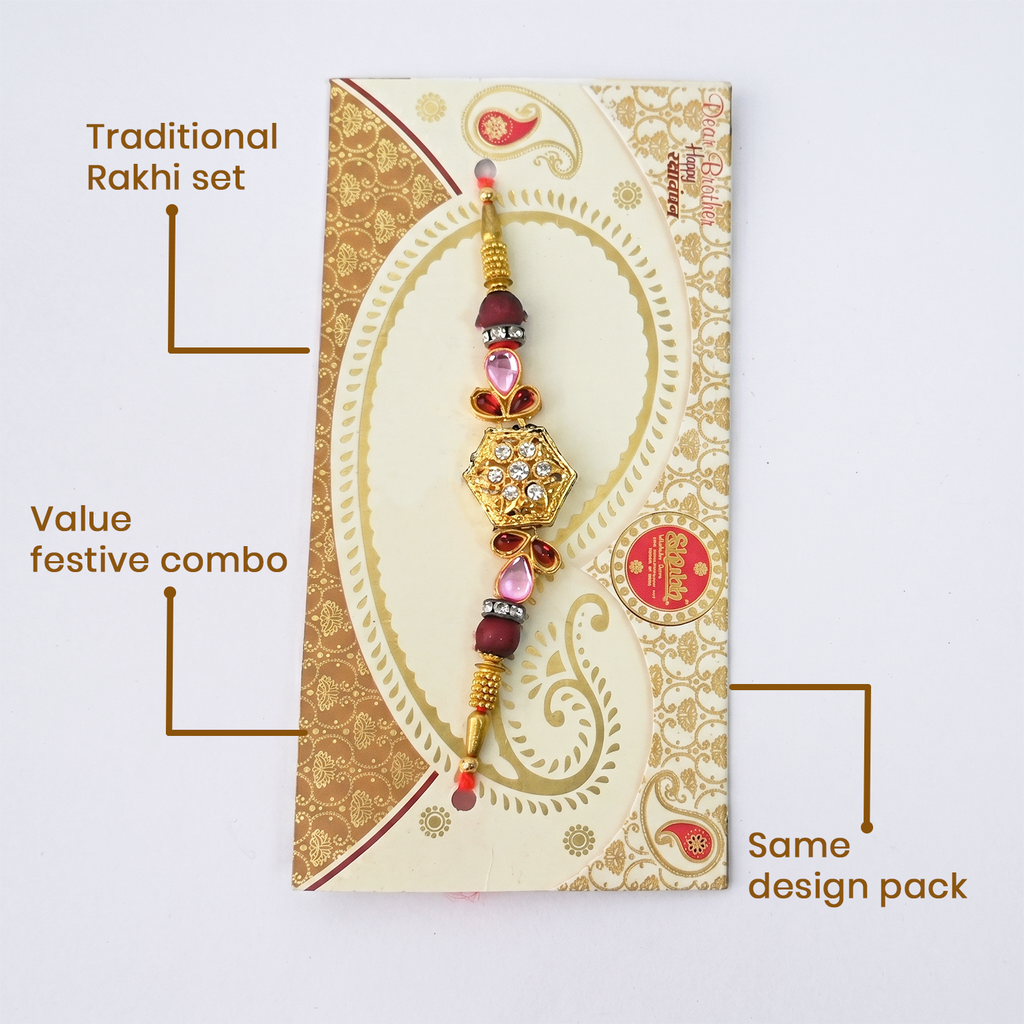 Set of 6 Elegant Rakhi for Brother - Traditional Gold Hexagonal Centerpiece with Kundan-Style Stones & Maroon Beads Bracelet for Raksha Bandhan Festival