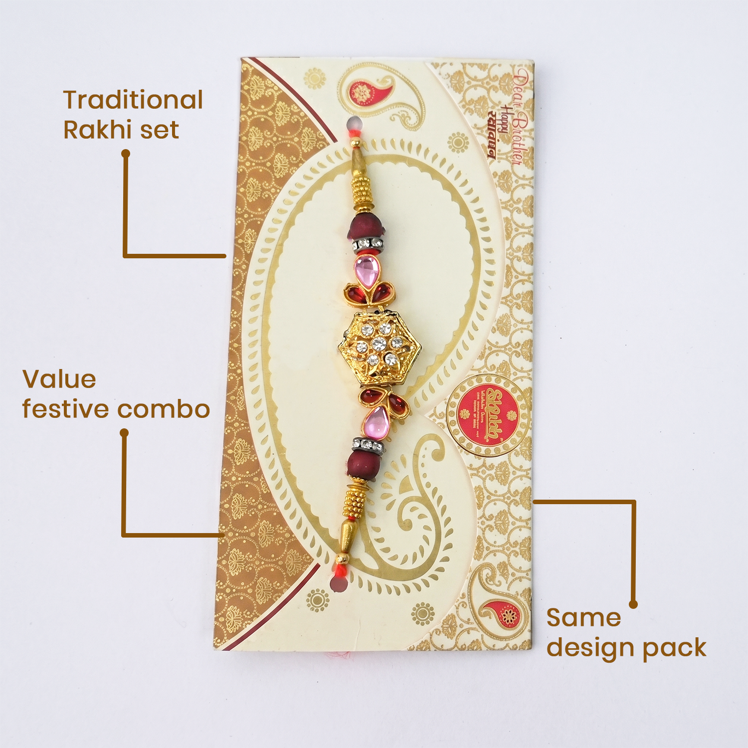 Set of 6 Elegant Rakhi for Brother - Traditional Gold Hexagonal Centerpiece with Kundan-Style Stones & Maroon Beads Bracelet for Raksha Bandhan Festival