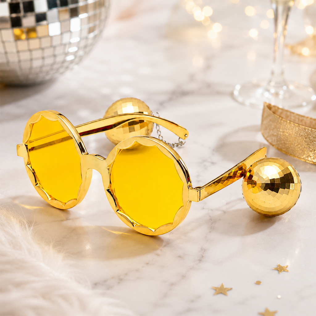 Novelty Disco Ball Sunglasses for Party - Gold Funky Glasses with Hanging Mirror Ball Dangles - Stylish Retro Eyewear for Festivals, Birthdays, and Themed Costumes