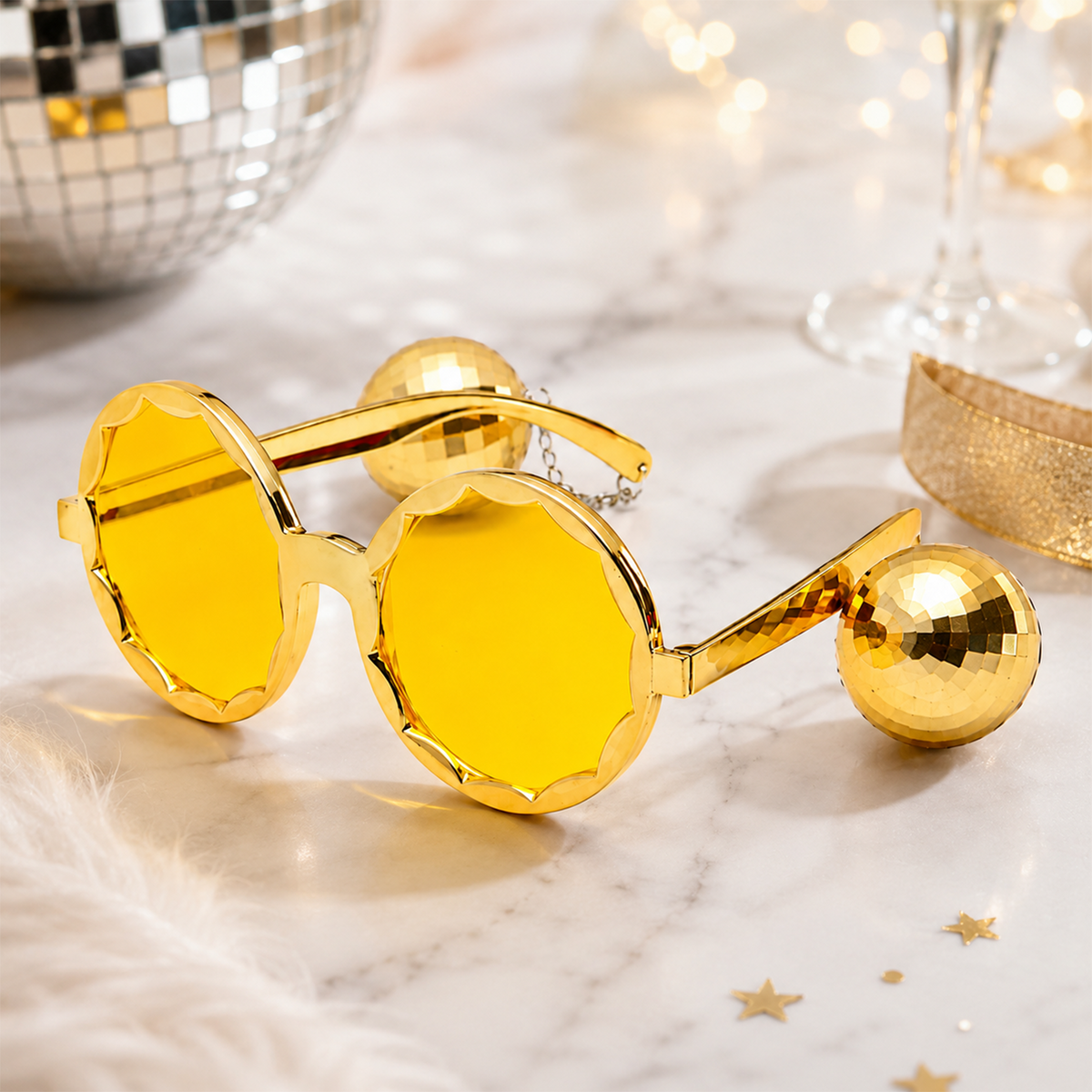 Novelty Disco Ball Sunglasses for Party - Gold Funky Glasses with Hanging Mirror Ball Dangles - Stylish Retro Eyewear for Festivals, Birthdays, and Themed Costumes