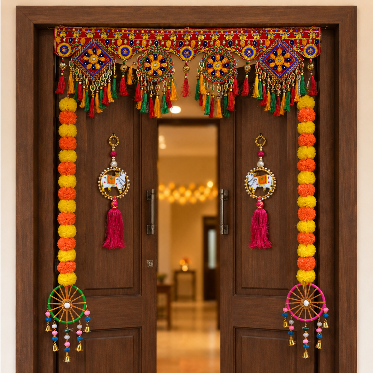 Traditional Ethnic Door Toran with Decorative Cow Hangings & Marigold Strings – Handmade Festive Home Decor for Diwali, Wedding, and Mandir Entrance