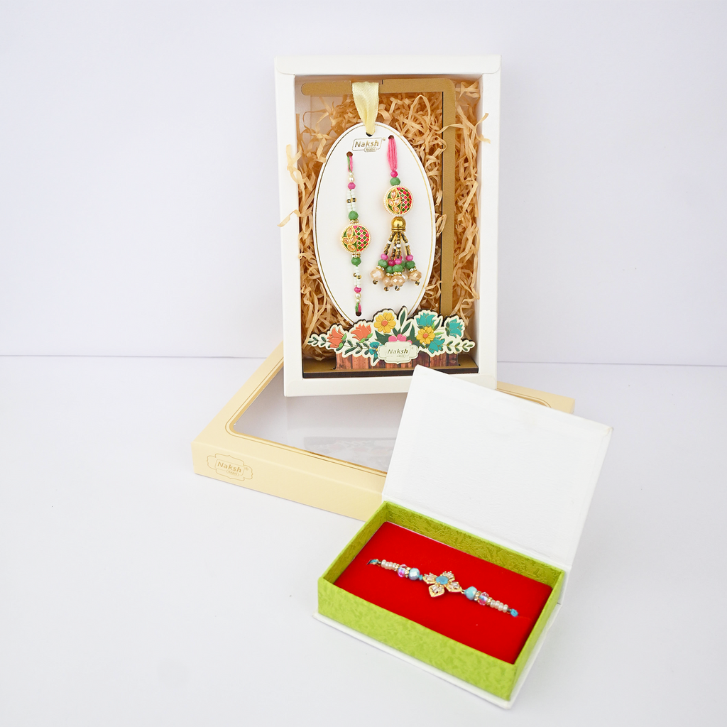 Luxury Rakhi Combo Set with Bhaiya Bhabhi Rakhi, Festive Surprise Gift Box, Multicolour