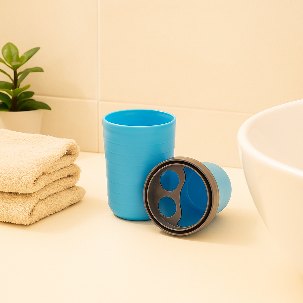Portable Travel Toothbrush Case & Toothpaste Holder – Multi-Purpose Bathroom Storage Cup with Partition – Lightweight Waterproof Oral Care Organizer for Business Trips, Camping, and Home (Blue) 1