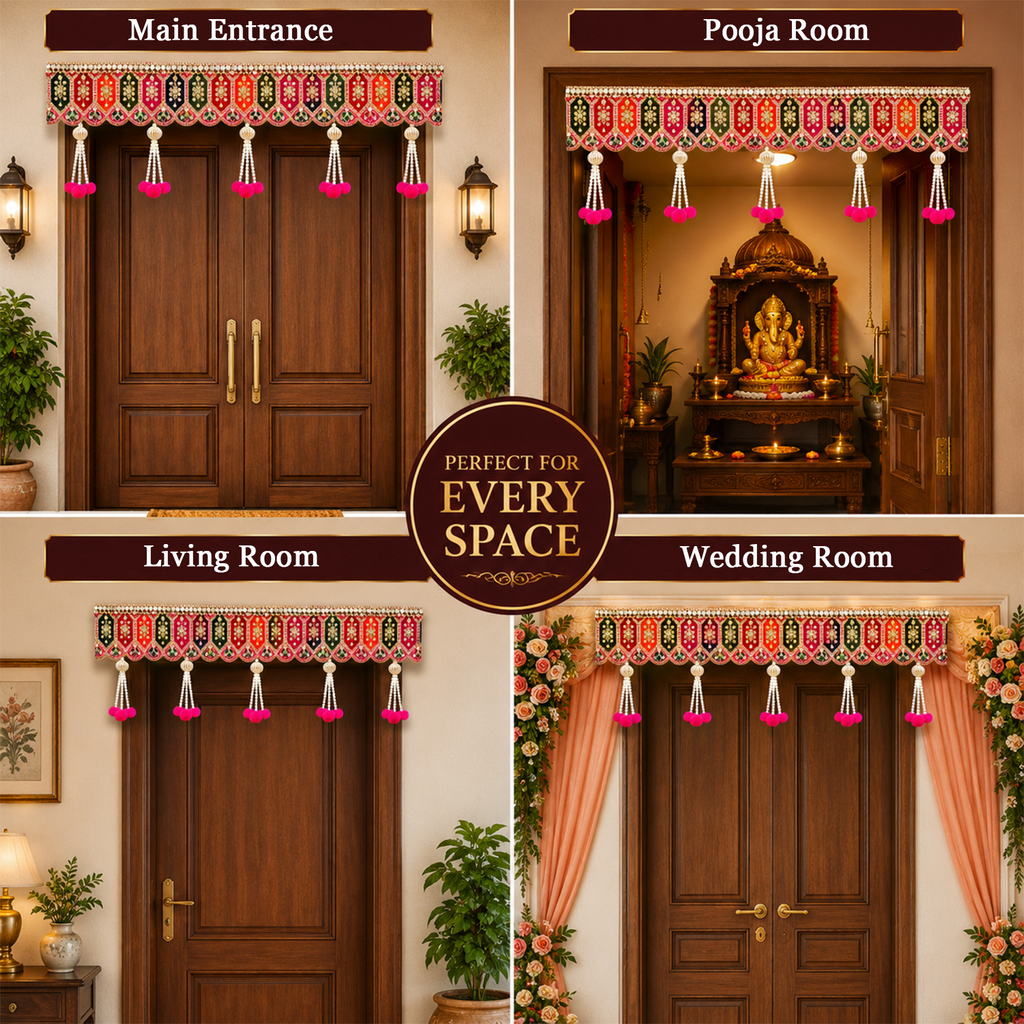 Handmade Decorative Toran for Door Hanging – Traditional Embroidered Bandhanwar with Pearl Tassels & Pom-Poms, Ethnic Wall Decor for Diwali, Pooja Room, 100cm