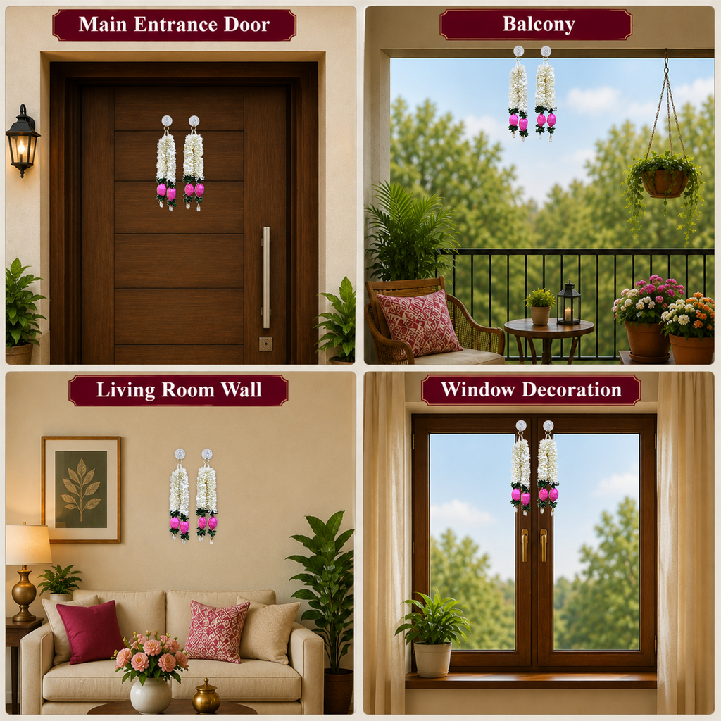 Artificial Jasmine & Pink Lotus Bud Hanging Garlands, 40cm Decorative Toran for Main Door, Wall, Pooja Mandir, Wedding & Festive Home Decor Items (Pack of 4)