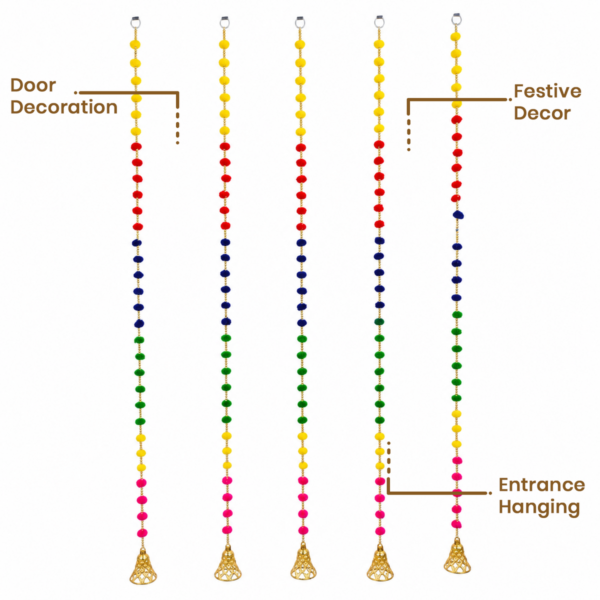 Multicolor Pom Pom Hanging Decor for Door & Entrance – Decorative Festive Strings with Bells for Diwali, Wedding, and Home Decoration, 132 cm