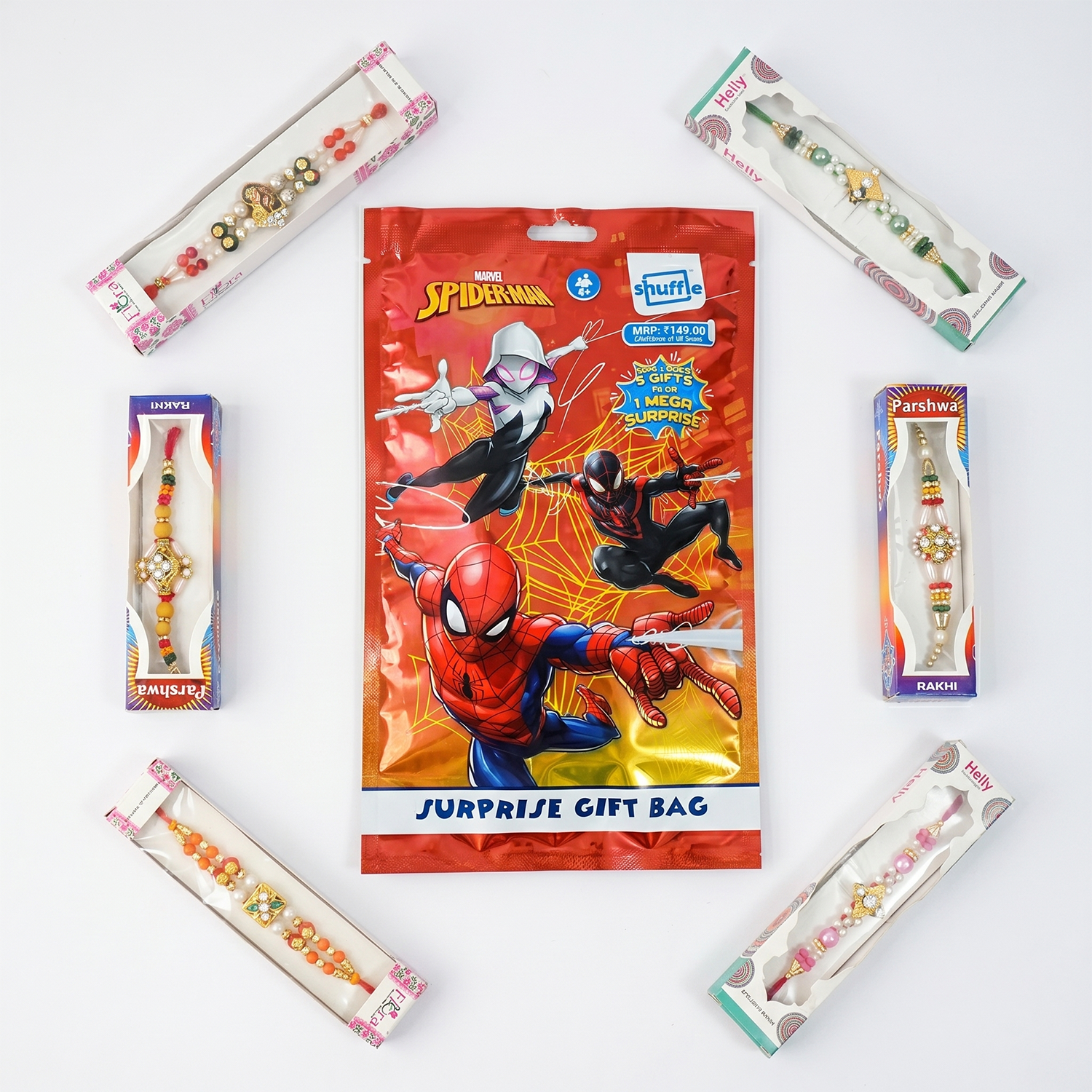 Premium Rakhi Combo Set for Kids – Spiderman Surprise Gift Bag with 5 Designer Rakhi