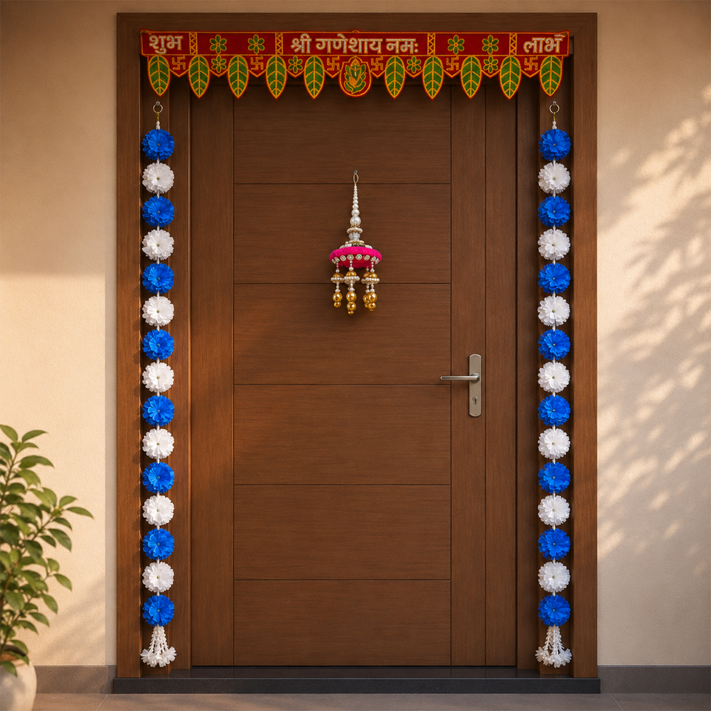 Artificial Flower Toran Set for Door Entrance – Decorative Shubh Labh Hanging with Side Strings for Diwali, Wedding, and Home Decor (Blue & White)
