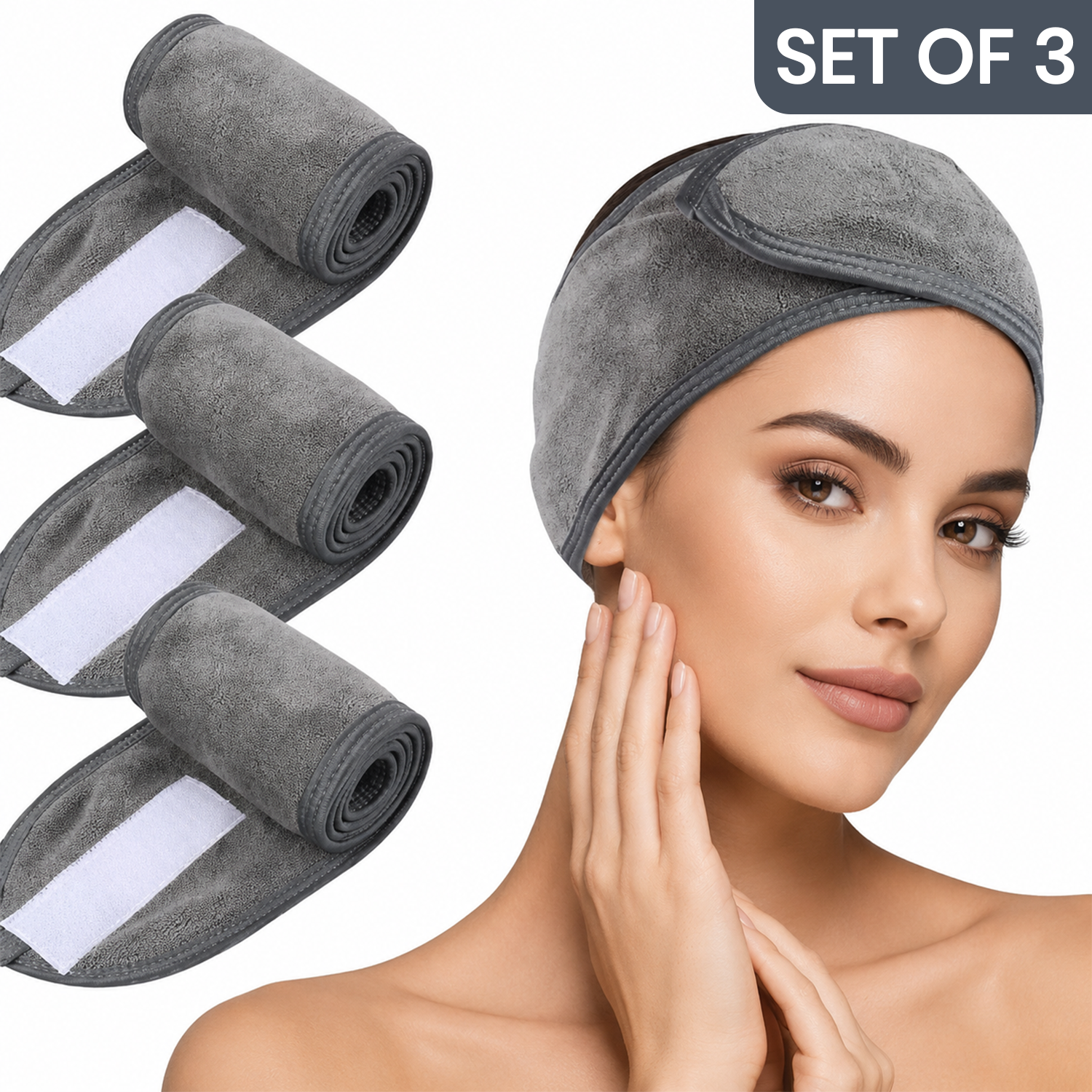 Spa Headband for Skincare – Set of 3 Adjustable Microfiber Headbands for Washing Face, Shower, Makeup, and Sports – Soft, Reusable, and Machine Washable Grey Hair Bands (Grey)